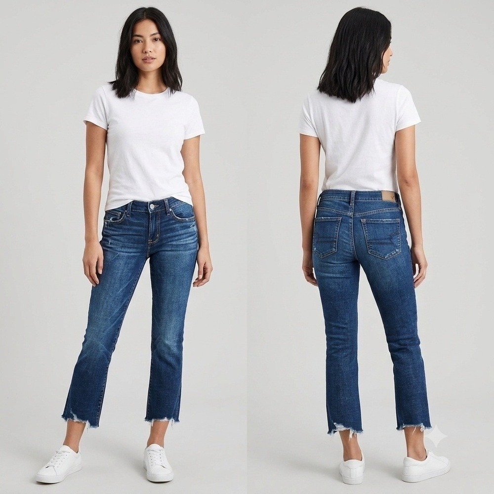 American Eagle Skinny Kick Jeans Women 10 Blue Super Stretch Raw Hem Dark Wash